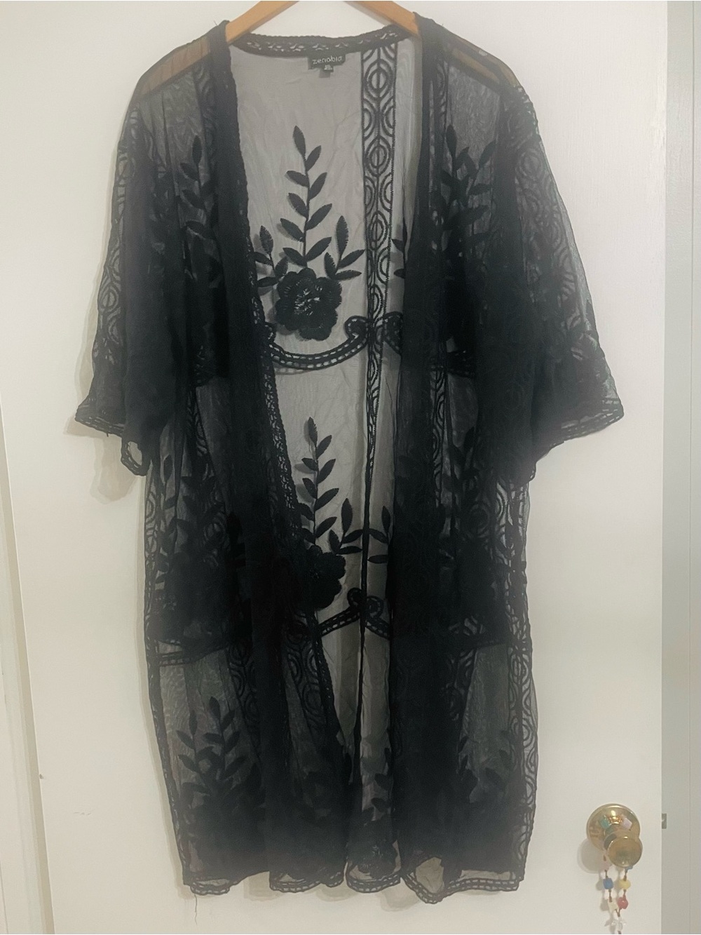 Sheer Floral Lace Kimono  - Black
